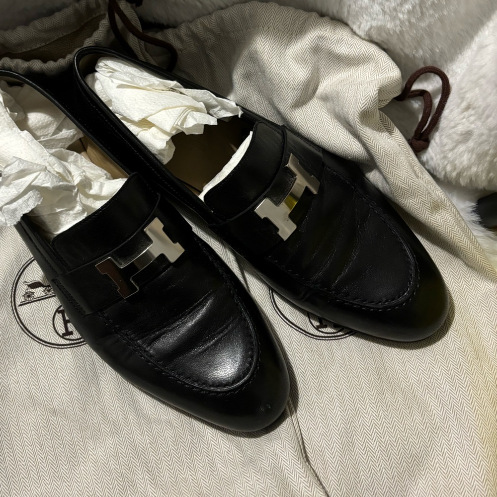 Hermes Black Leather Shoes with Brown Detail